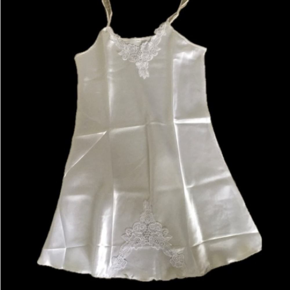 White Satin Lace Trim Slip Dress Camisole Layering Chemise Nightie NWT